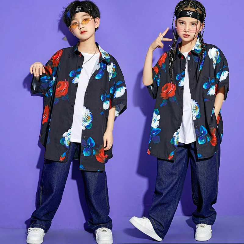 Kids Ballroom Hip Hop Show Clothing Print Shirt Tops Streetwear Baggy Denim Pants For Girl Boy Jazz Dance Wear Costume Clothes