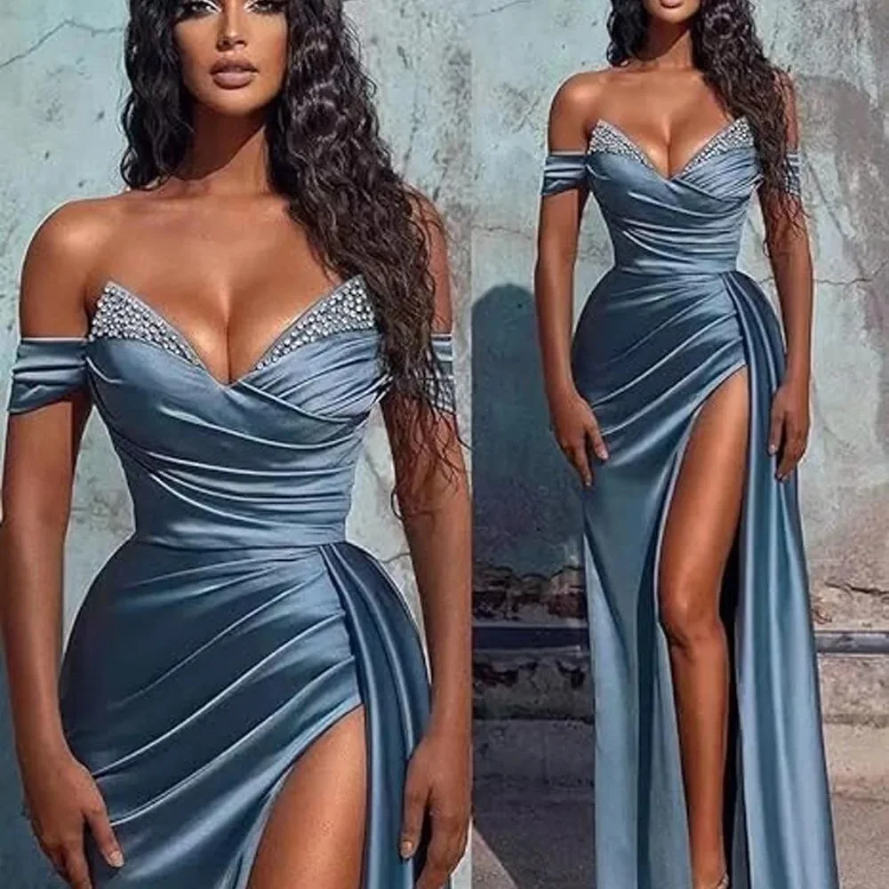 Vestido de noche Sexy azul con abertura árabe africana, vestido de baile Formal con hombros descubiertos, vestido de dama de honor de satén con corpiño en la espalda