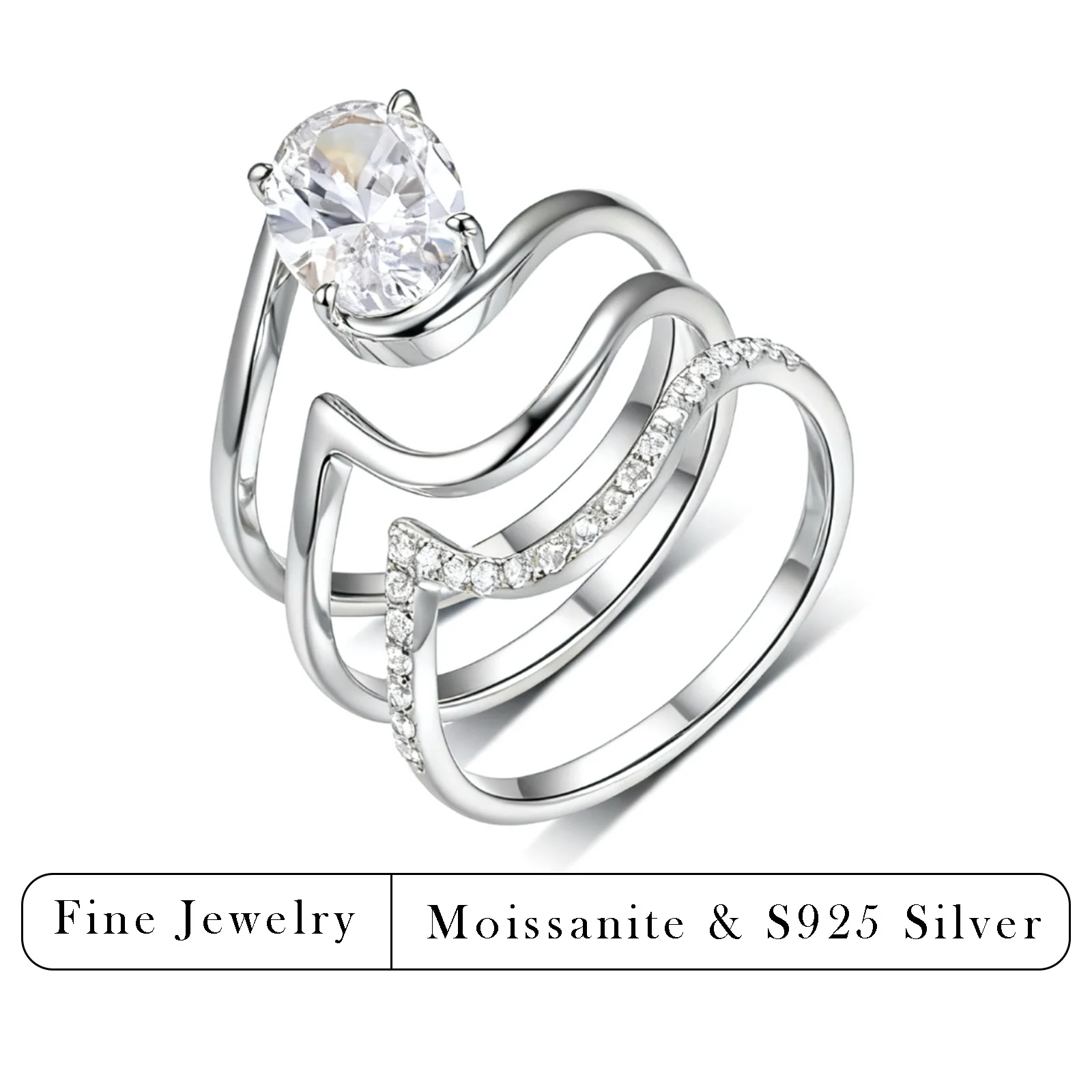 

2.5 Carat Oval Cut Moissanite Engagement Ring S925 Silver Three-Band Promise Ring for Women