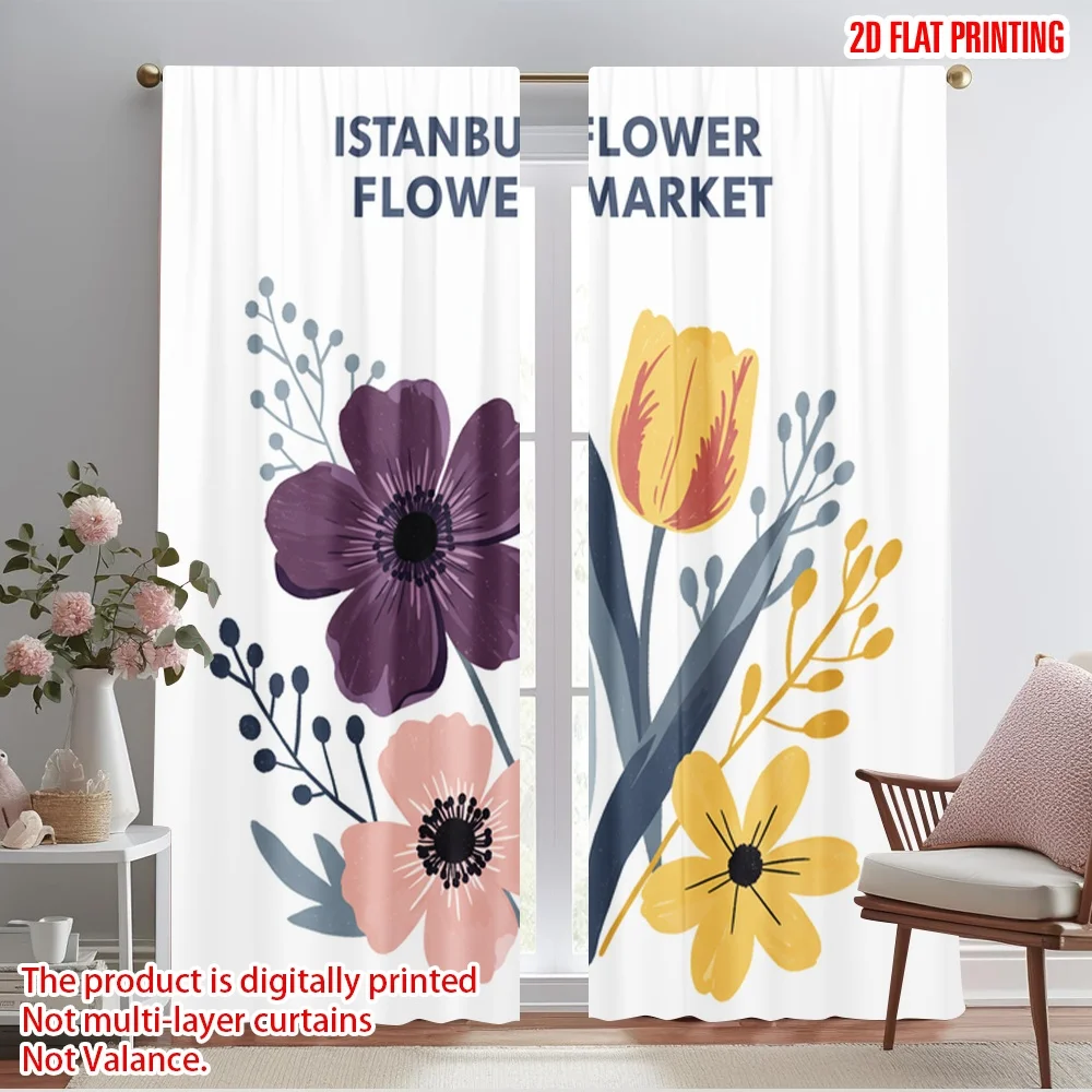 

2pcs 2D flat printing Party Curtains Istanbul Flower Market Polyester Fabric Without Electricity Seasonal Party & Holiday Decor