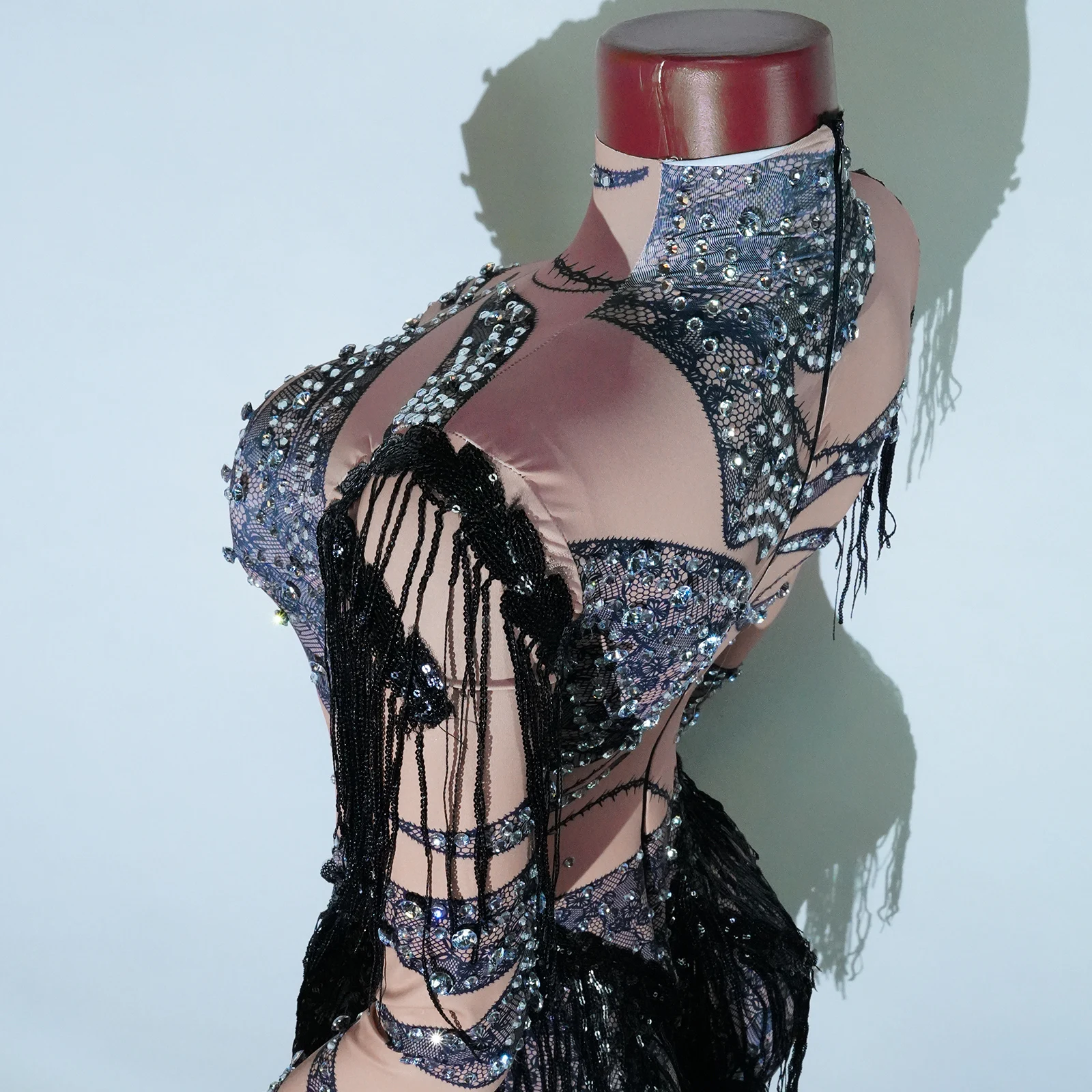 Sexy Black Tassel Mesh Bodysuit Sequins Design Dancer Performance Birthday Party Dance Costume Stage Wear Nightclub Drag Queen