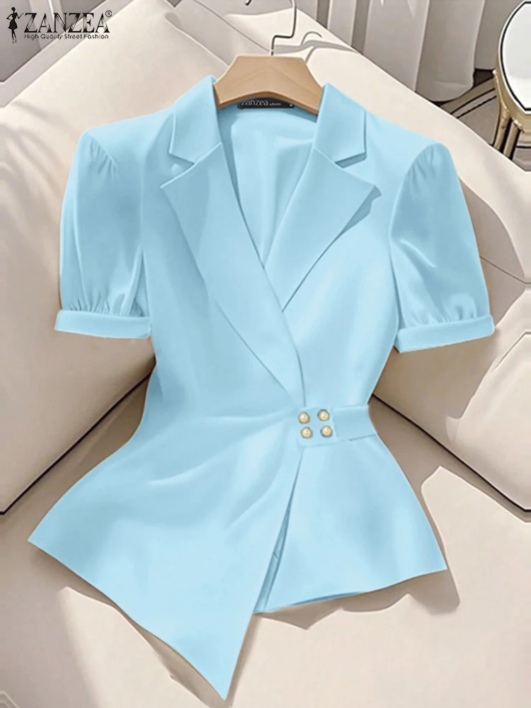 

Стильные рабочие рубашки с лацканами и воротником OL ZANZEA, офисная женская блузка, летние топы, асимметричная атласная рубашка с короткими рукавами-фонариками, Blusas 2025