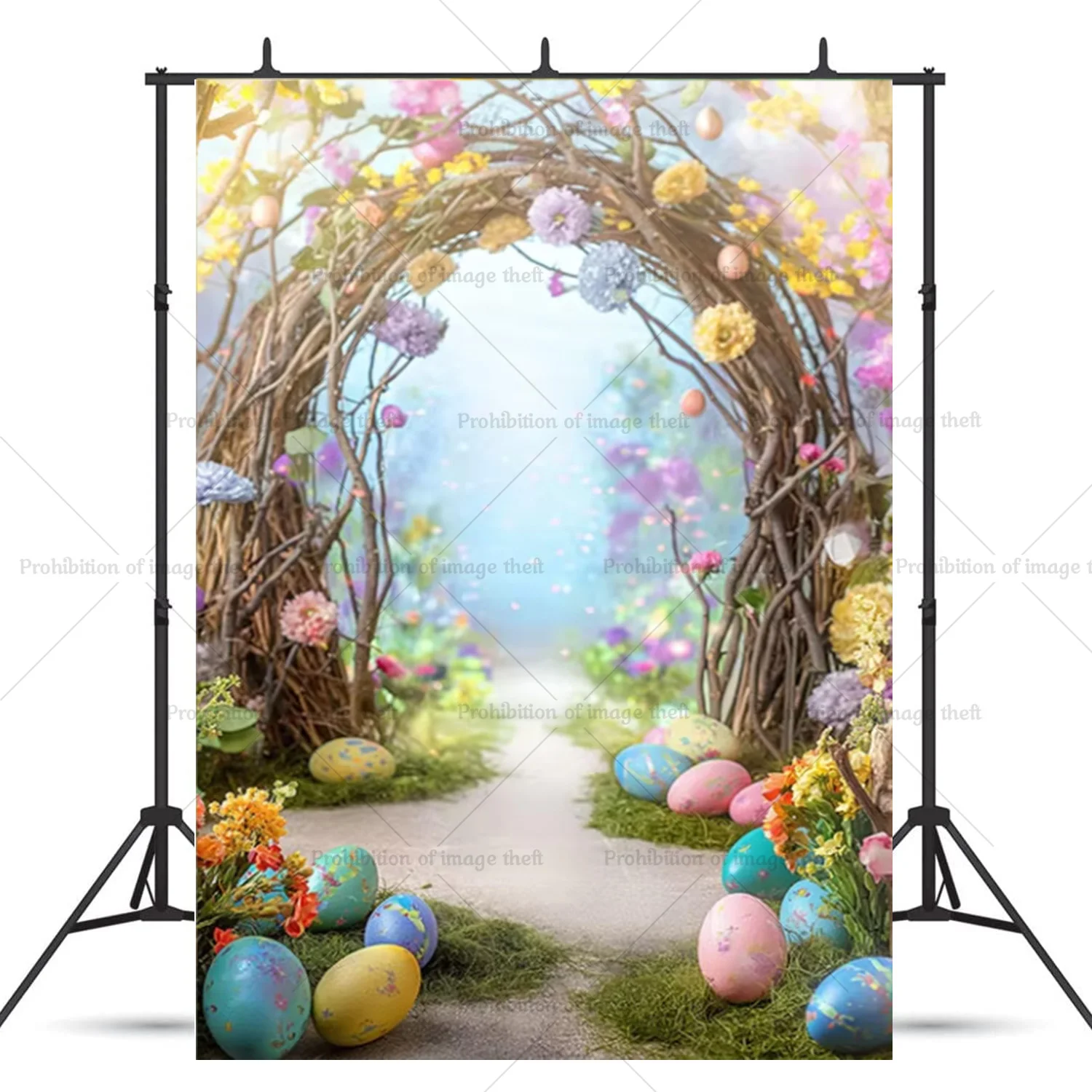 Easter Fantasy Theme Background Green Arches Path Colorful Eggs Party Decoration Children Portrait Gift Banner Shooting Prop