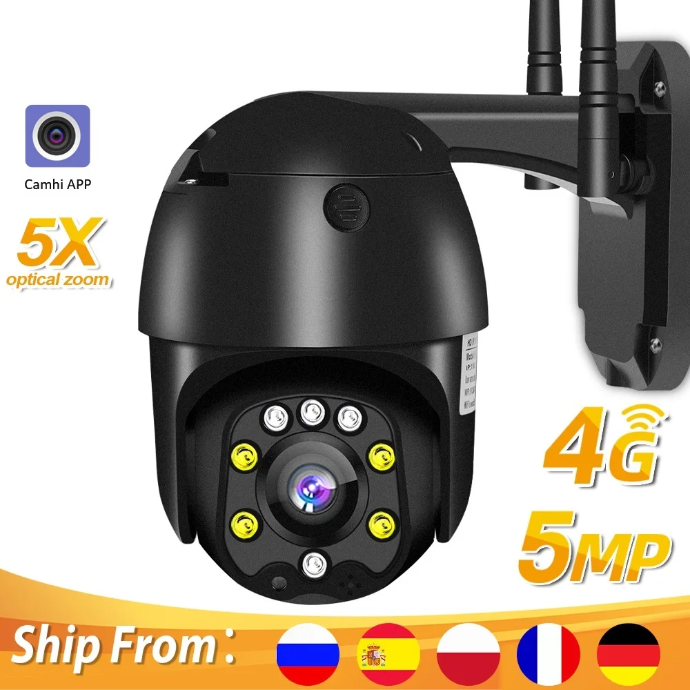 Top SIM Card 4G PTZ Dome Camera 1080P 5MP HD 5X Optical Zoom Outdoor Wireless WIFI CCTV Security Camera Two Way Audio P2P CamHi