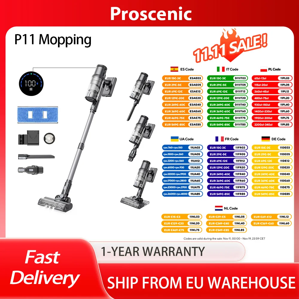 Aspirateur sans fil Proscenic P11, aspiration 35Kpa, poubelle 0,65L, systme de Filtration en 5 tapes, batterie 2000Mah