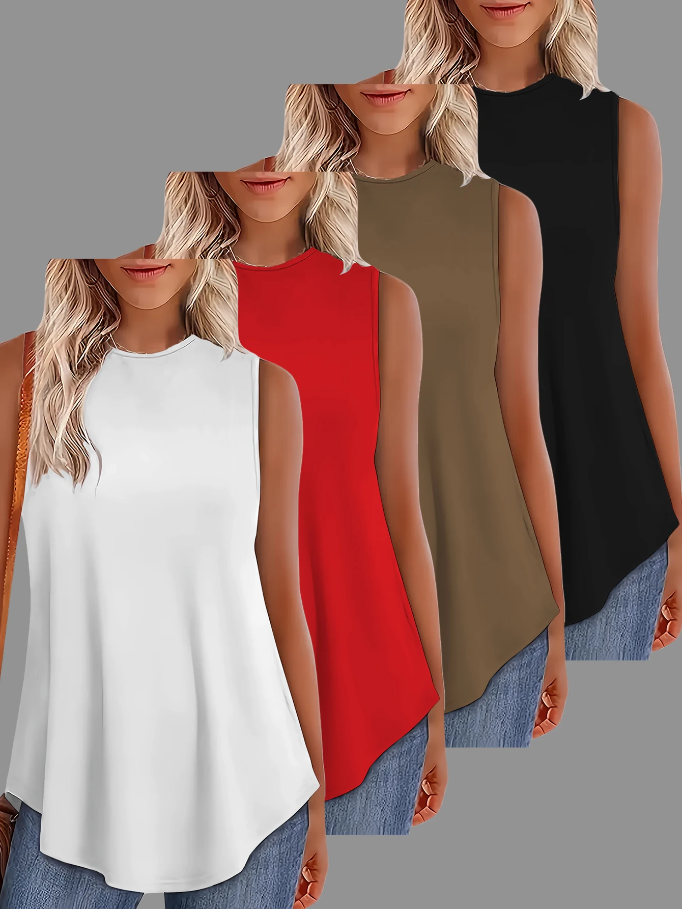 

4-Piece Set of Women's Solid Color Casual Round-Neck Sleeveless Vests, Loose Fit, Comfortable for All Seasons