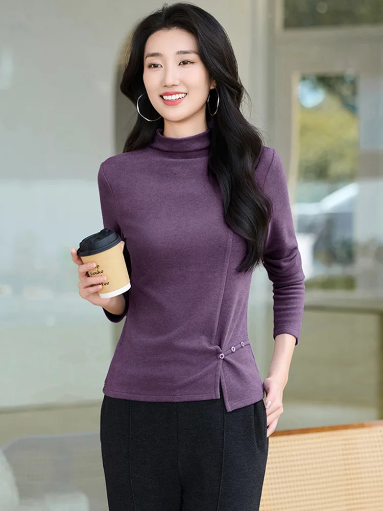 신상품 여성용 심플함 베이직 티셔츠 가을 겨울 패션 하프 하이 칼라 긴팔 웜 티셔츠 캐주얼 데일리 티셔츠 여성용