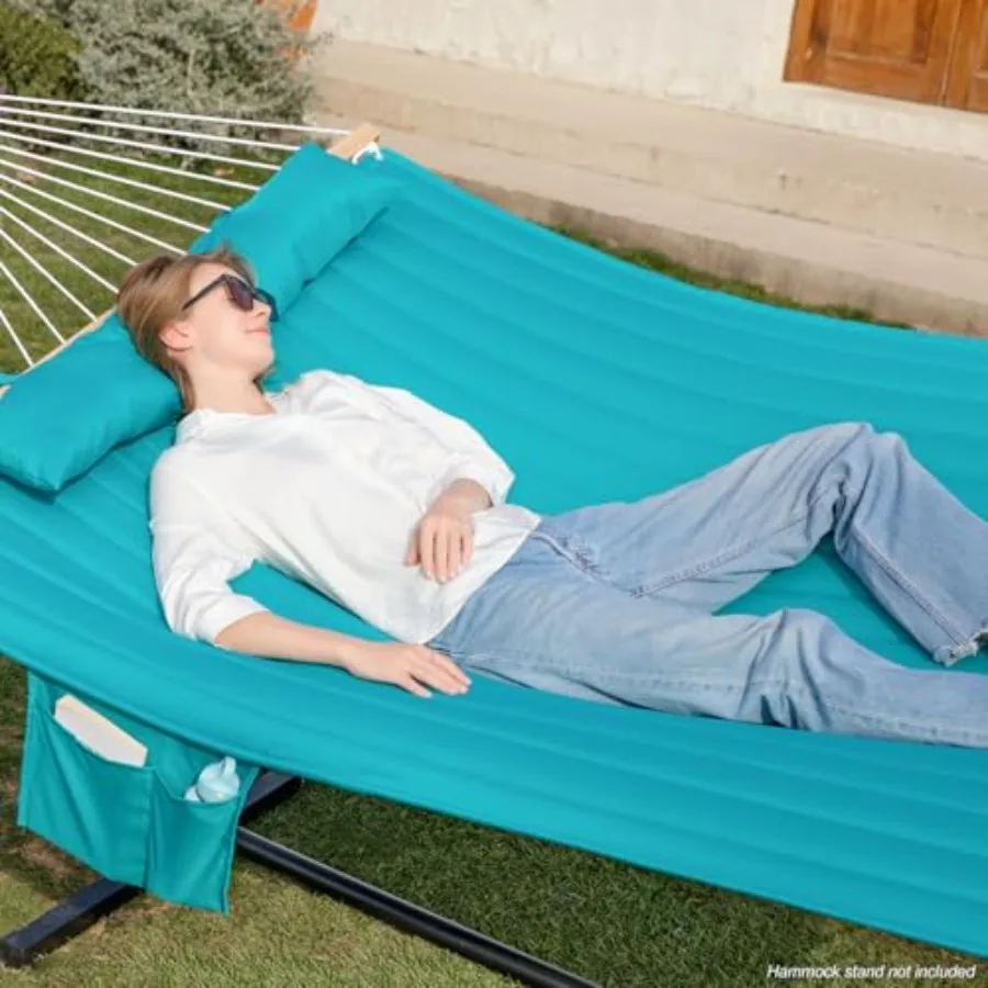 2 Person 12FT Outdoor Hammock with Quilted Fabric and Spreader Bar Canyon Creek Aqua Includes Removable Pillow Storage Pockets