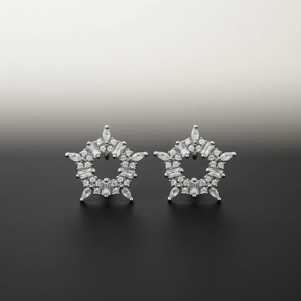 Luxury Silver Copper Stud Earrings, Hollow Star Zircon Frame, Mixed Cut Gems, Jewelry for Banquet, Date & Formal Events