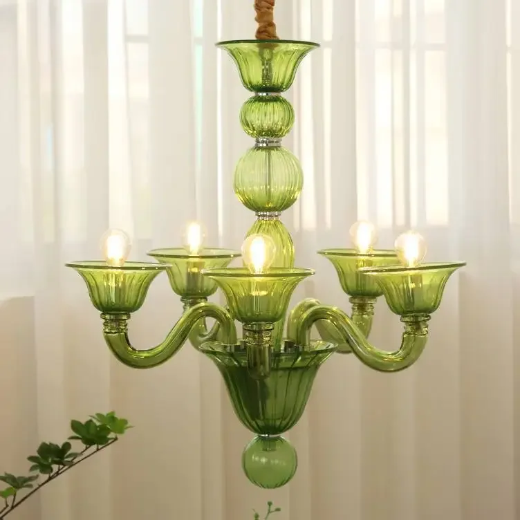 French elegant green glass candle chandelier with American  luxury designer retro living room  lights