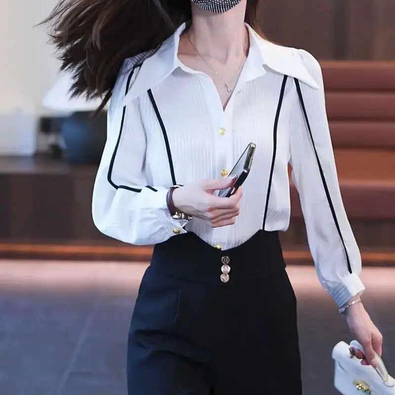 Elegant Women\'s Long Sleeve Spliced Button Shirt Autumn Fashion All-match Female Clothing Office Lady Turn-down Collar Blouse