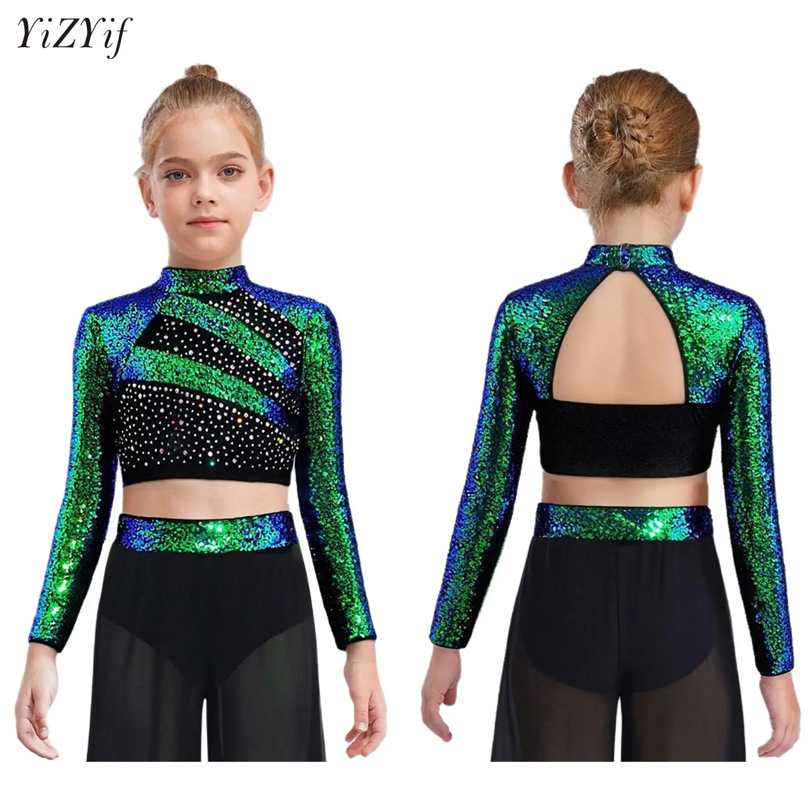 

Kids Girls Gymnastics Ballet Leotards Jazz Lyrical Modern Ballroom Dance Performance Costume Shiny Sequins Cheerleading Crop Top