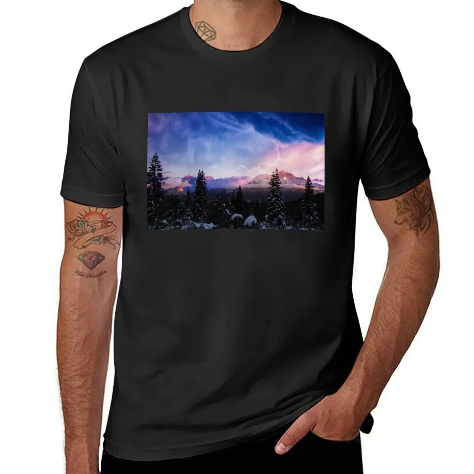 Stormy Skies Lightning Over Mt. Shasta T-Shirt aesthetic clothes heavyweights graphics Men's t shirts