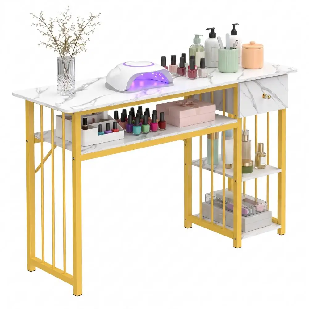 3-Tier Manicure Table with 1 Drawer & 2 Large Tops, Marble Textured Nail Desk, Gold Metal Frame Thick Plates, Modern Workstation