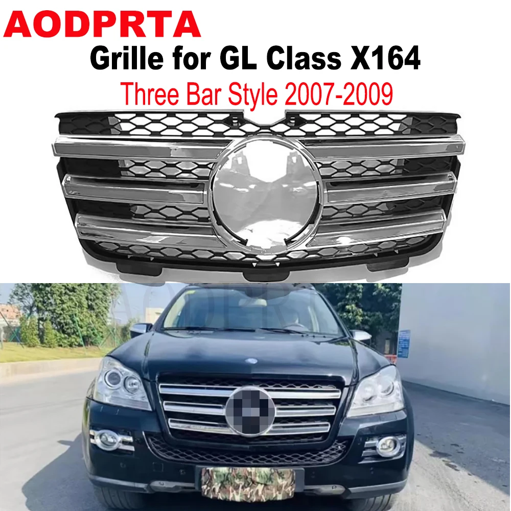 

Chrome 3-Bars Front Bumper Grille Mesh Hood Grill for Mercedes Benz GL Class X164 2007-2009 GL320 GL350 GL450