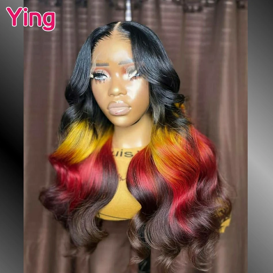 

36 Inch Yellow Red Brown Body Wave 13x6 Lace Frontal Wigs Human Hair 200 Density Pre Plucked Omber Colored 13x4 Lace Front Wigs