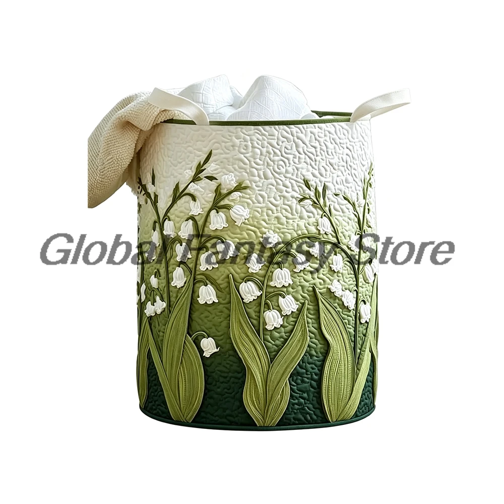 Quilted Lily Of The Valley Floral Storage Basket Large Laundry Hamper with Handles Clothes Storage Bin Home Organizer