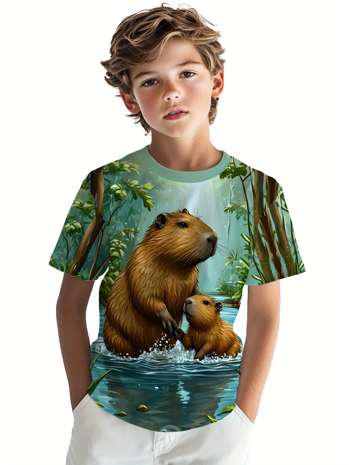 1. Jungle Capybara Family Kids T‑Shirt, Boys Cute Wild Rodent Animal Graphic Short Sleeve Crew Neck Casual Summer Top