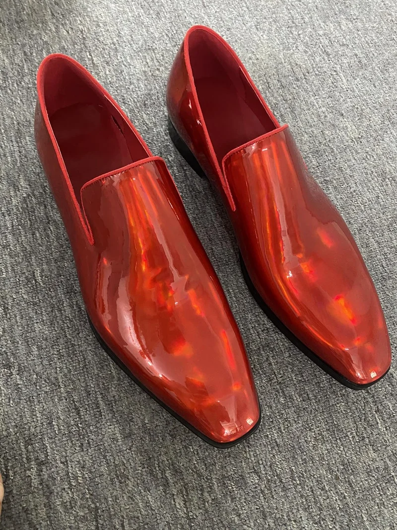 LOUBUTEN Fashion Shiny Red Shoes Men Patent Leather Loafers Italian Dress Shoes Men Casual Shoes Party And Prom Shoes