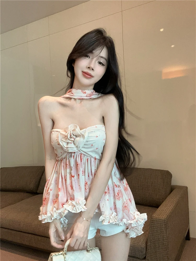 Nieregularne seksowne topy letnie koszule bluzki bez rękawów damskie kwiaty głęboki dekolt słodki kwiatowy nadruk z falbankami top z odkrytymi plecami