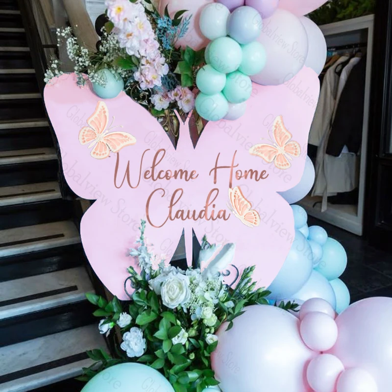 Willkommensschild mit individuellem Namen, Schmetterling, rosa Schmetterling, Willkommenstafel, Babyparty, Schmetterlinge, Thema, Party-Dekoration, Hochzeit – Detail 1