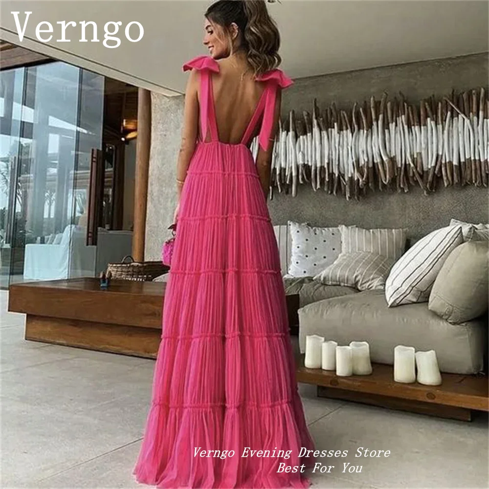 Verngo Pink Spaghetti Straps A Line Prom Gowns Deep V Neck A Line Party Dress For Women Simple Beach Backless Evening Dress