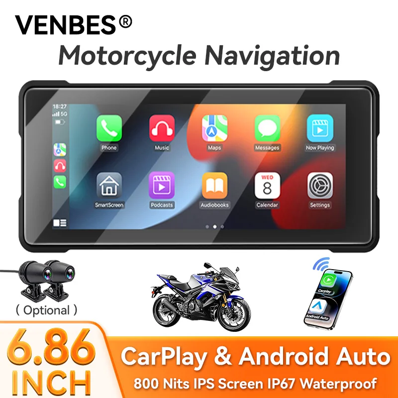 

VENBES Мотоцикл Carplay 6,86-дюймовый GPS-навигатор Беспроводной Carplay Android Auto Carplay IP67 Водонепроницаемый BT 5.0 Daul DVR