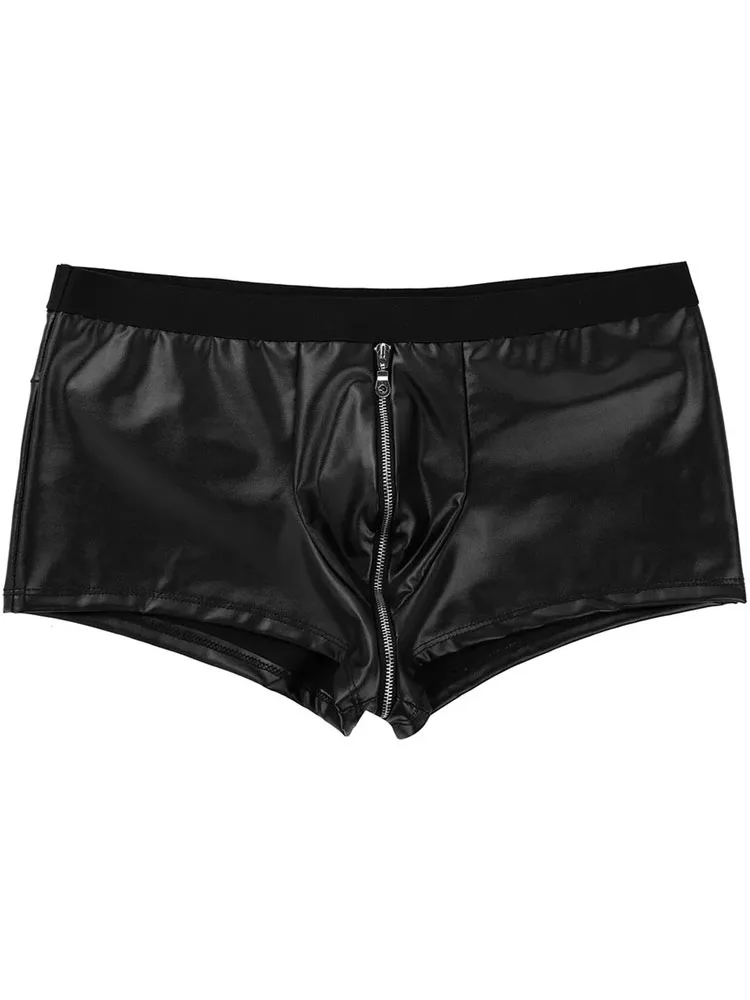 S-5XL Faux PU Leather Boxershorts Zipper Open Crotch Shorts Mens Boxer Briefs Tights Convex Pouch Calzoncillo Underwear Trunks