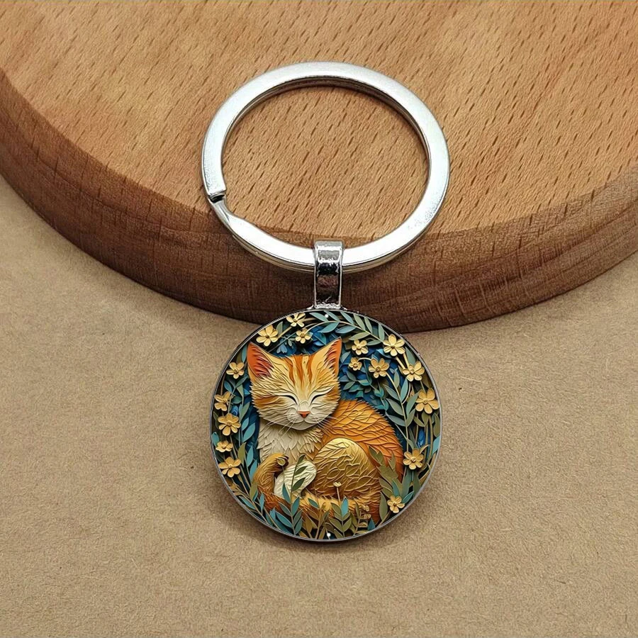 Cute and exquisite cat pattern printed alloy dome glass keychain