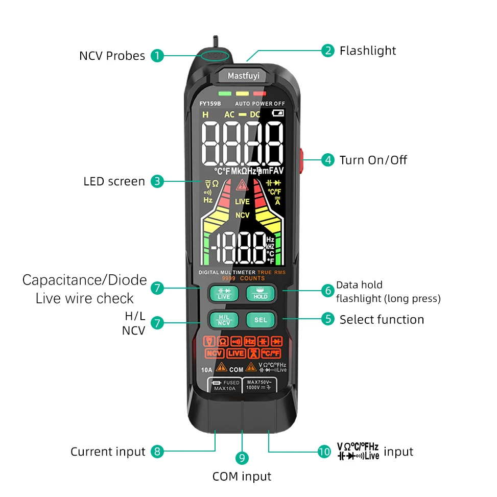 MASTFUYI FY159B Large Display Digital Multimeter AC DC Voltage Current True RMS 1000mAh Lithium Battery USB charging Auto Range