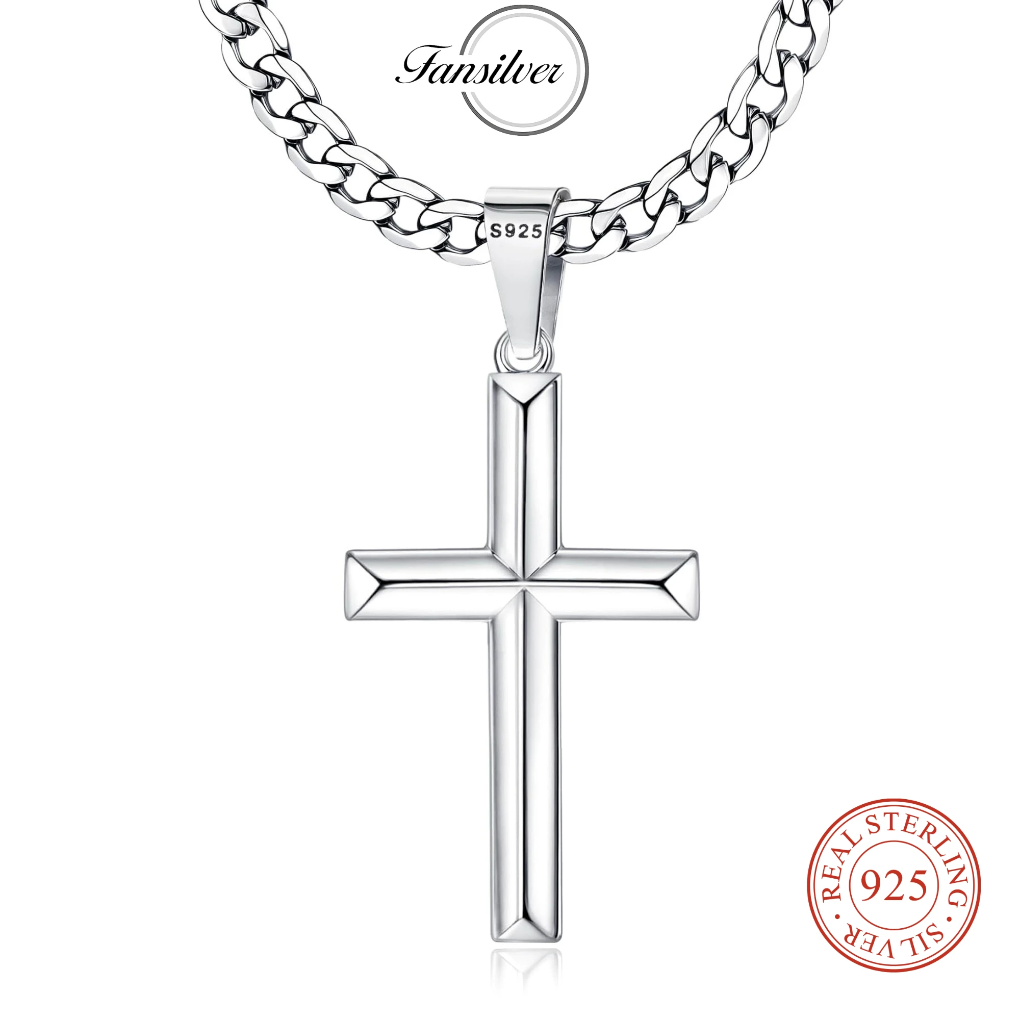 Fansilver 925 Sterling Silver Cross Necklace for Men Women Stainless Steel Durable Chain Silver Crucifix Cross Pendant 18-28In - view 3