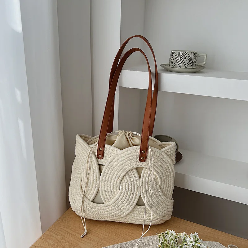 

Ретро-сумка-тоут из хлопка и льна, простая пляжная сумка-ведро на шнурке, вместительная круглая сумка для покупок с геометрическим узором