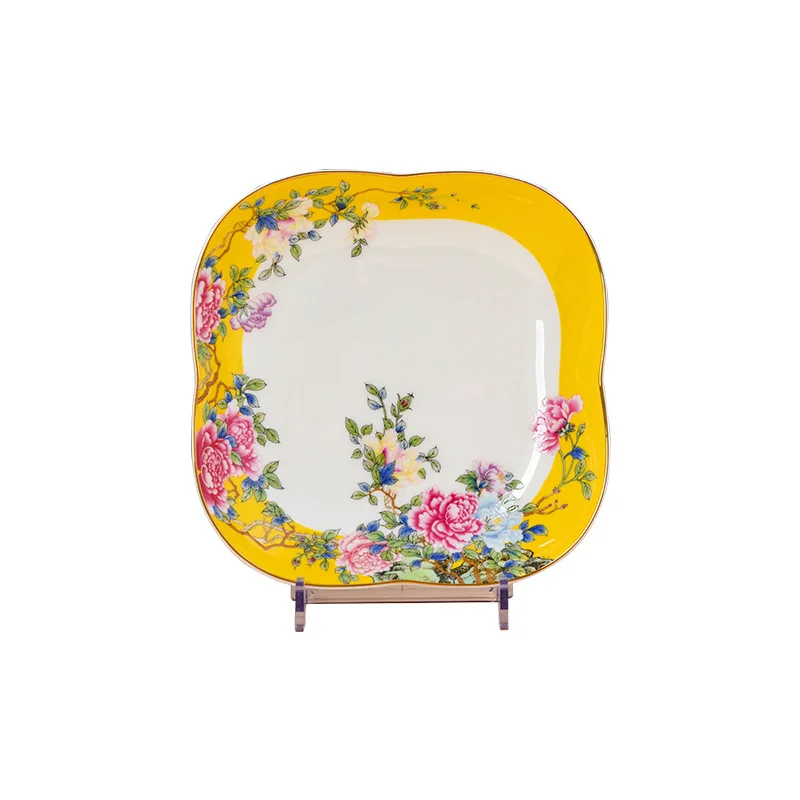 

Эмалированная тарелка с цветком пиона, квадратная тарелка с цветком, бытовая керамическая тарелка для овощей, обеденная тарелка специальной формы