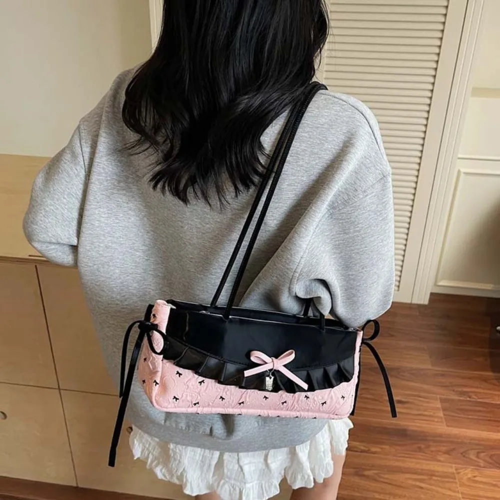 

Shopping Sweet French Stick Handbag Black Contrast Color Plaid Bow Shoulder Bag Ribbon Korean Style Cloth Underarm Bags Women
