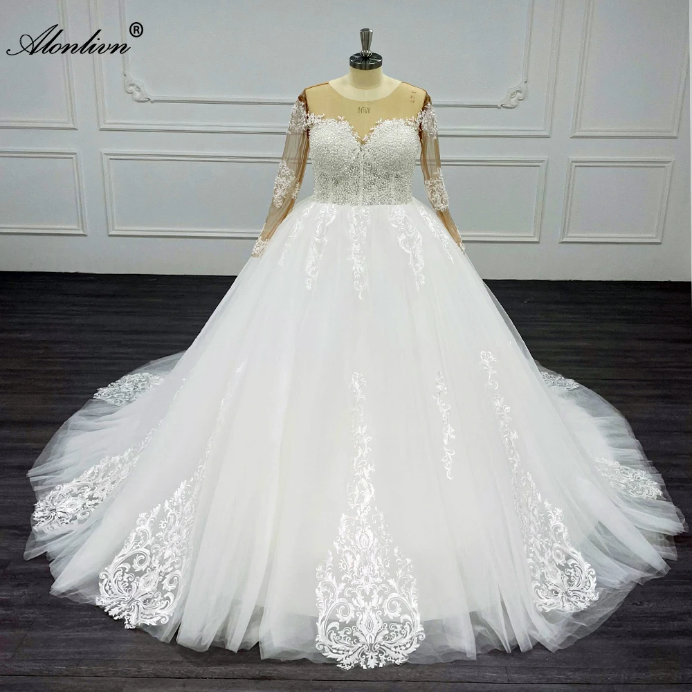 Alonlivn Elegant Full Sleeve Beadings Pearls Appliques Lace A Line Wedding Dress With Court Train