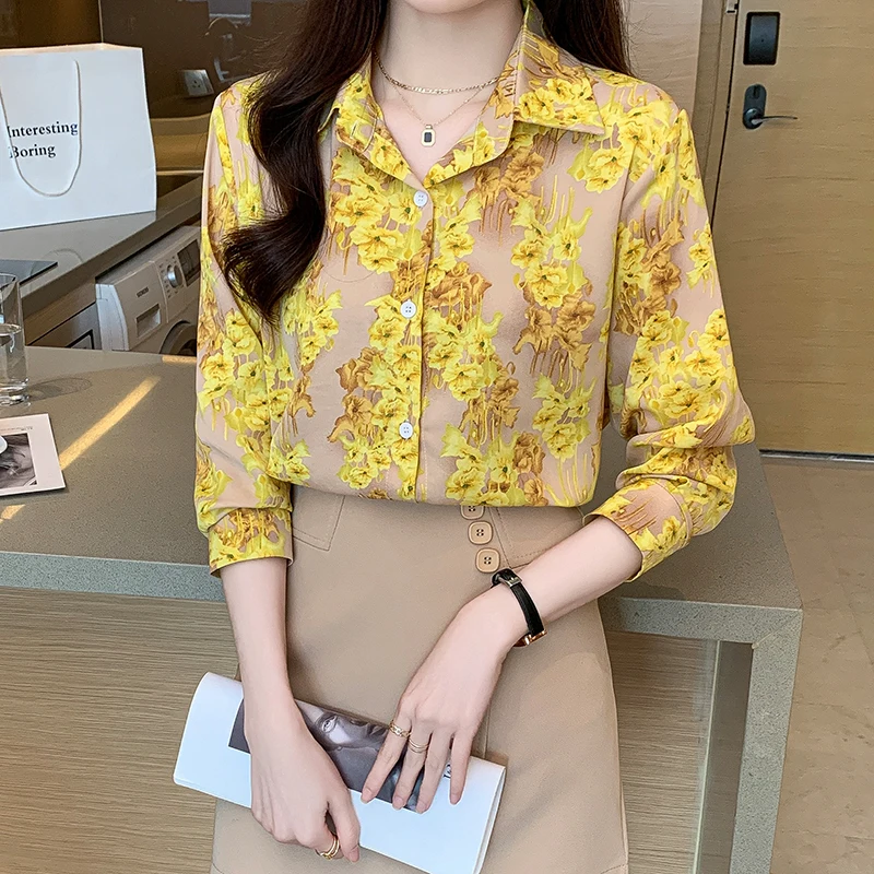 Women Spring Korean Loose Fashion Printing Appear Thin Polo-Neck Long Sleeve Shirts Women Clothes Casual All-match Elegant Tops