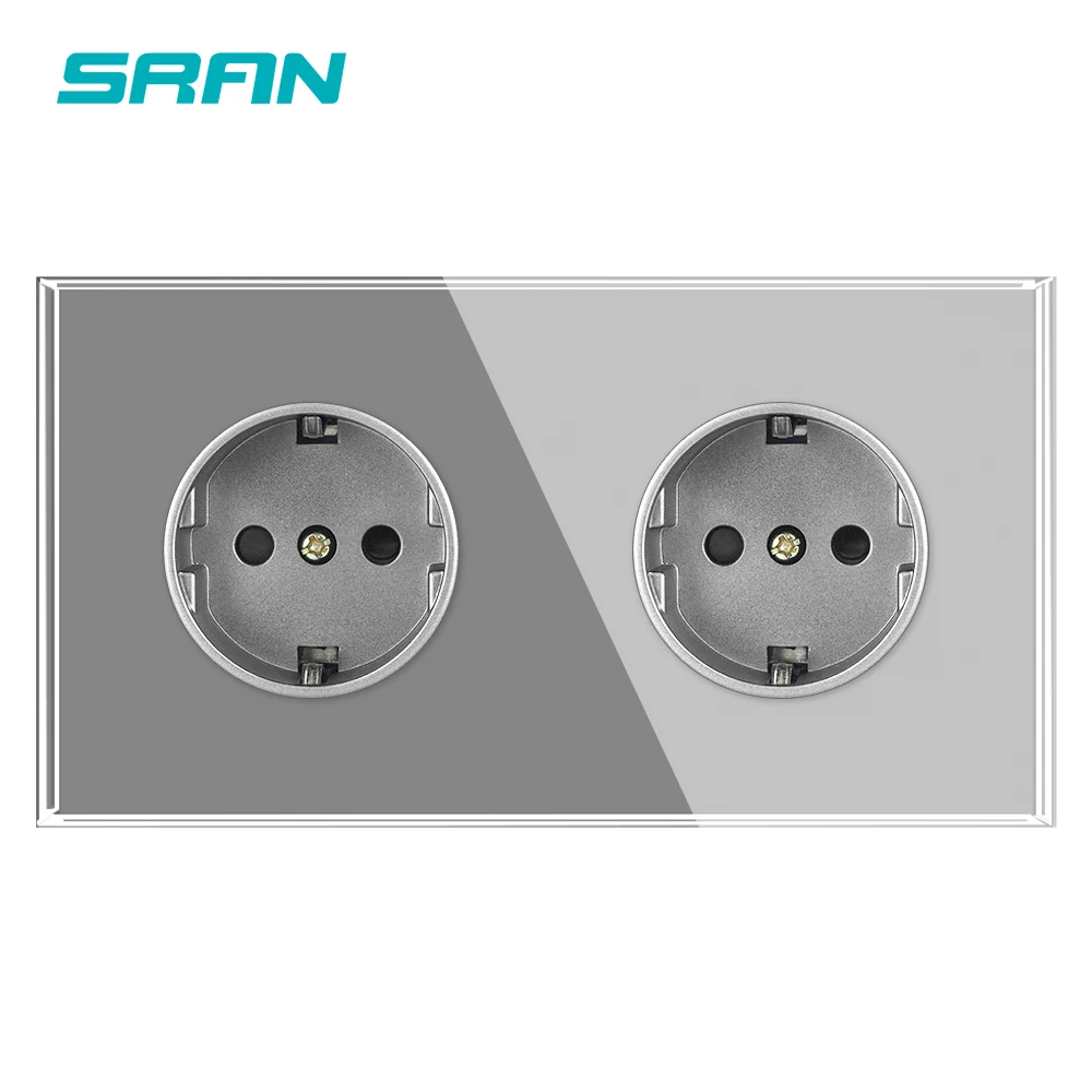 SRAN 2 gang EU Electrical Sockets AC 250V 16A Full Screen Tempered Glass Panel, Double Power socket home appliance