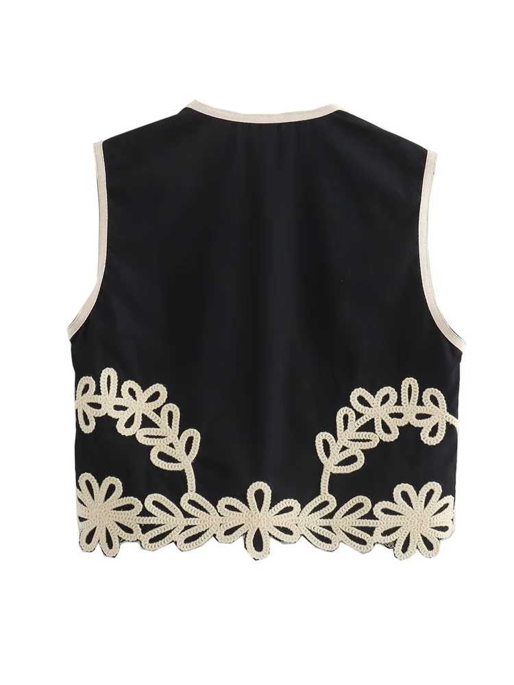 Zevity Women Euro Style V Neck Flower Appliques Embroidery Short Vest Jacket Ladies Sleeveless Button Slim WaistCoat Tops CT6207