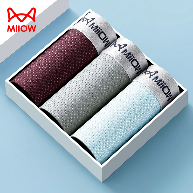 MiiOW 3Pcs Eis Seide männer Unterwäsche Boxer Atmungsaktive Mesh Herren Unterhose 7A Antibakterielle Baumwolle Schritt Mann Höschen boxer