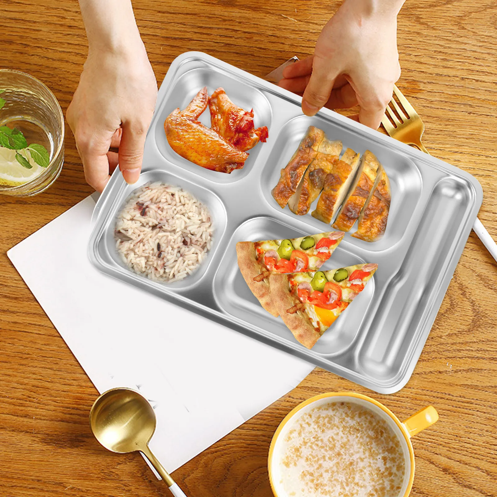 Stainless Steel Compartment Plate 4 Section Deep Divided Food Tray with Spoon Slot for Home Kitchen
