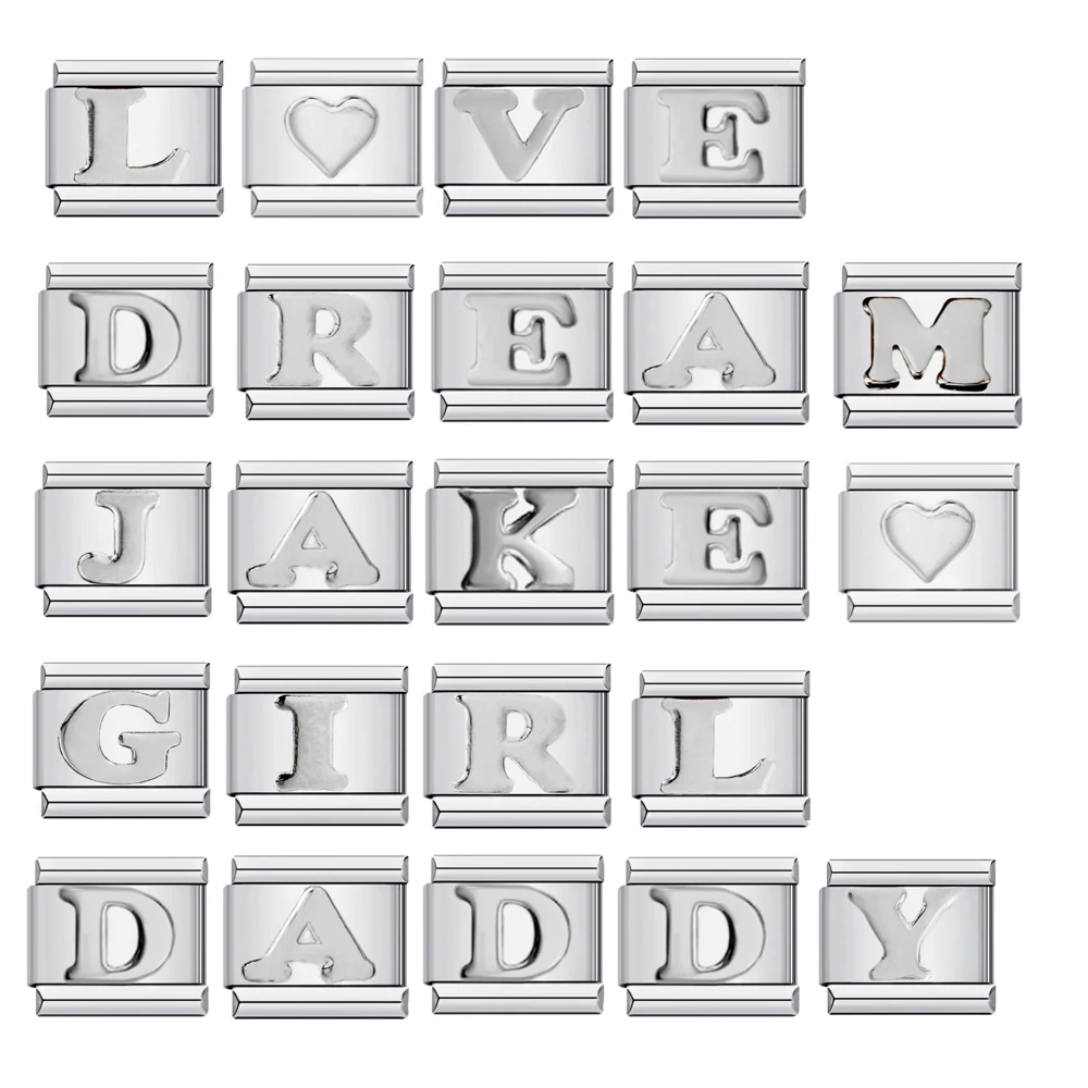 Italian Charms Stainless Bracelet 26 English Letters Design Your Own Jewelry Fit 9mm Square Link Chain DIY Making Bangle Gifts