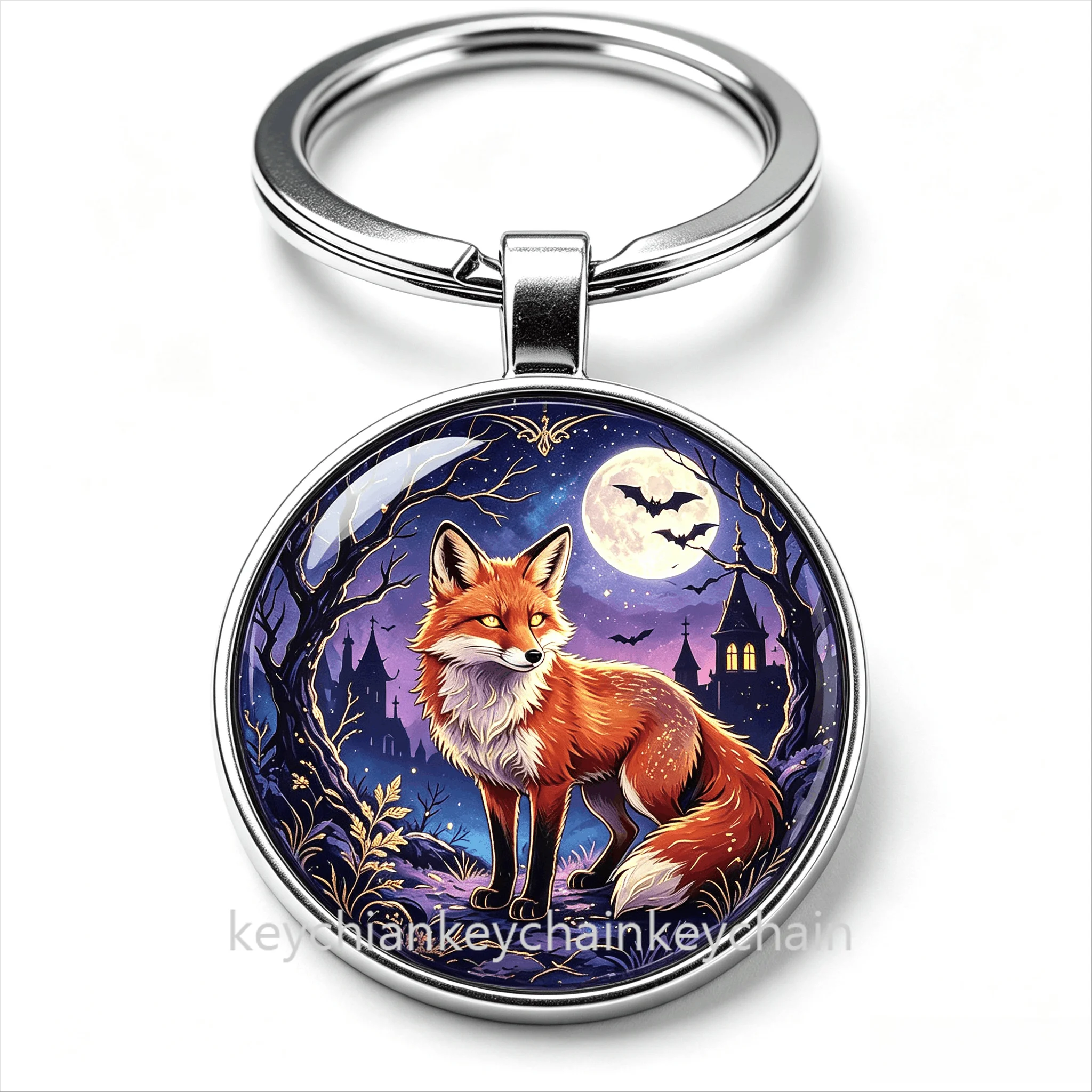 Halloween Fox, Night Moon Castle Red Fox Keychain Key Ring Animal Bag Charm Car Key Holder Gift for Men Women
