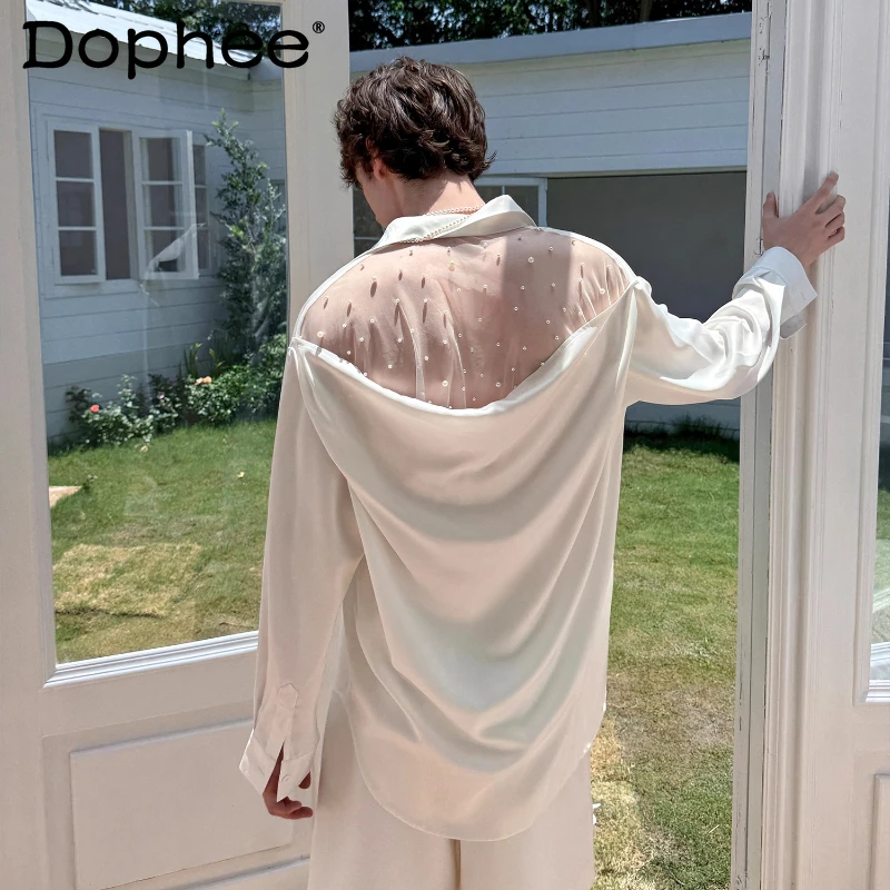 

Men's 2025 Summer New High-end Shirts Silky Smooth Satin Tops Fashion Sparkling Jewels Micro-transparent Long-sleeve Chic Shirts