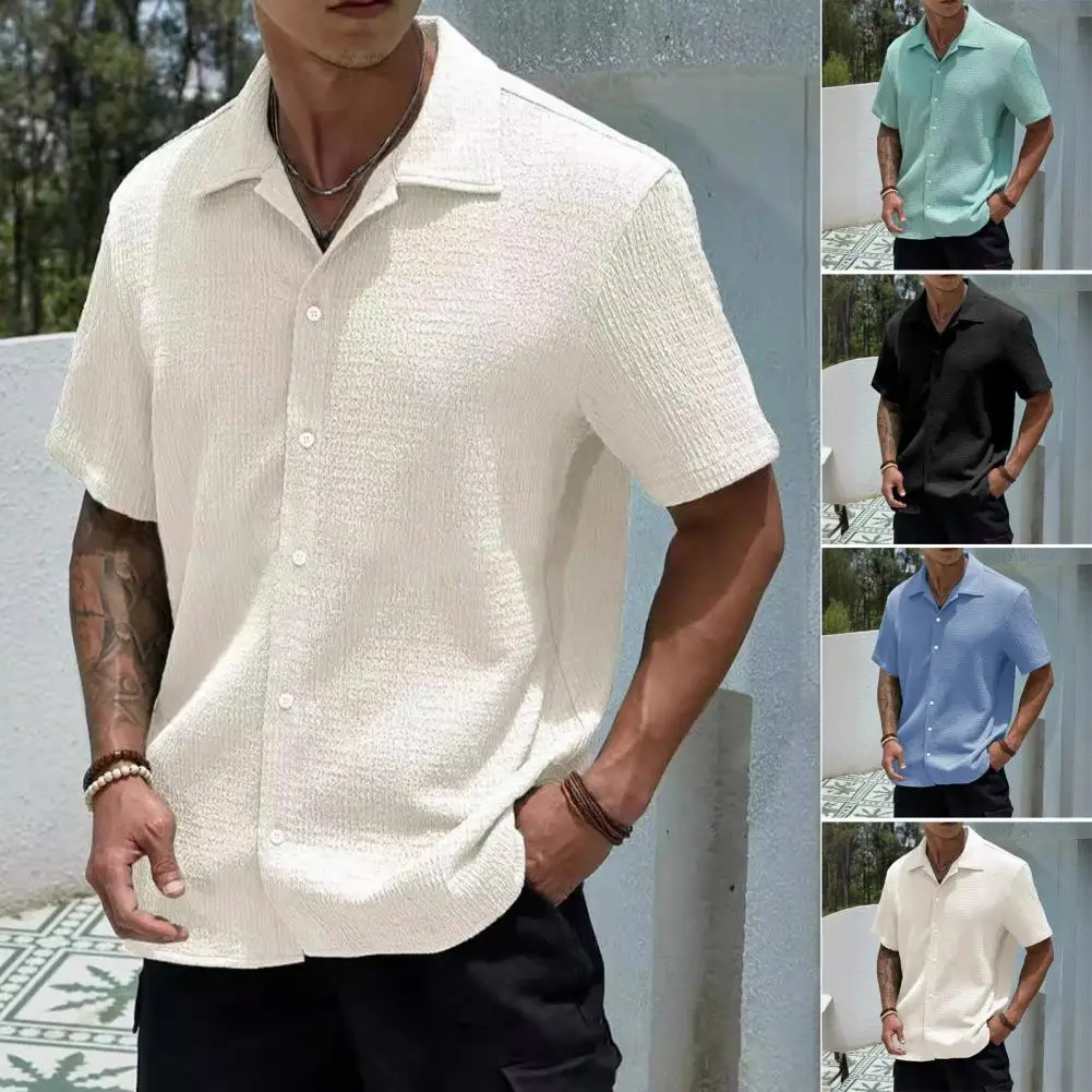 Men Beach Shirt Men's Summer Button-down Cardigan with Turn-down Collar Short Sleeves Loose Fit Mid Length Casual Top for Daily