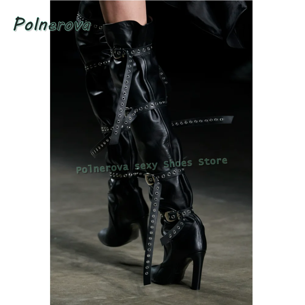 

Женские ботинки выше колена на массивном каблуке, черные, из искусственной кожи, с острым носком, с множеством ремешков с пряжками, сексуальные, для клуба, вечеринок, модные, для подиума