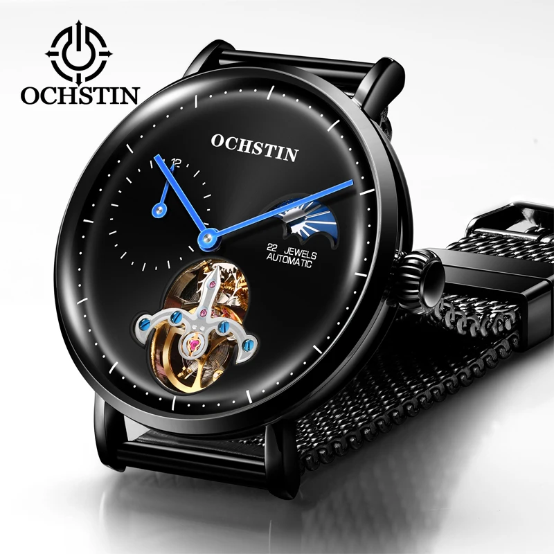 OCHSTIN Business Tourbillon Mechanical Men\'s Watches Woven Nylon Band Cover Glass Silver Case Moon Phase Clock Relogio Masculino