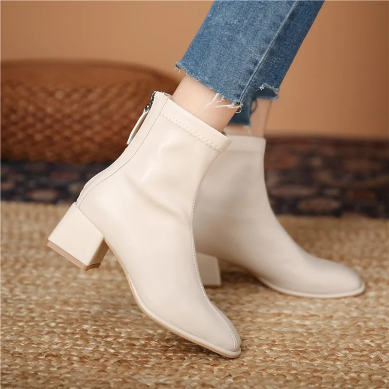 Jednokolorowe krótkie buty dla kobiet nowa jesienna zima w połowie beczki z powrotem zamek gruby obcas kwadratowy główny trend mody buty dla kobiet