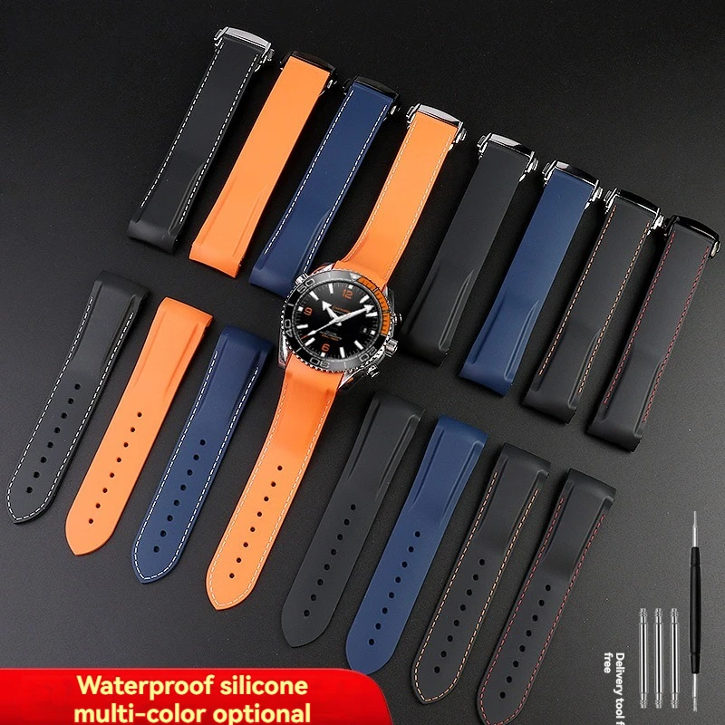 20mm 21mm 22mm Rubber Silicone Watch Bands For Omega Seamater Ocean 300 Speedmaster Curved End Strap Bracelet Orange Black Blue