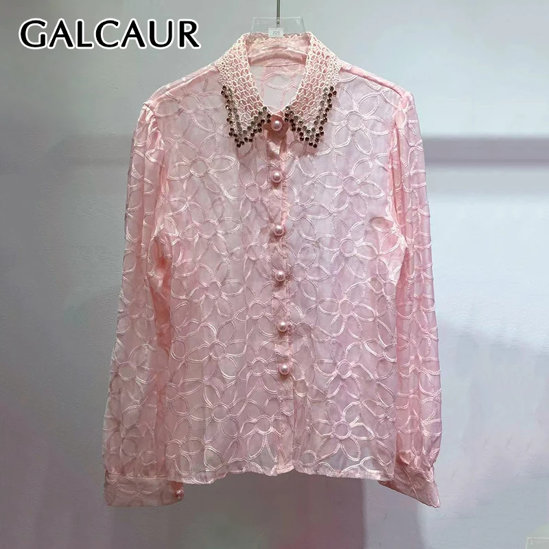 

GALCAUR Solid Slimming Spliced Diamonds Blouse for Women Lapel Long Sleeves Patchwork Single Breasted Top Female Clothing New