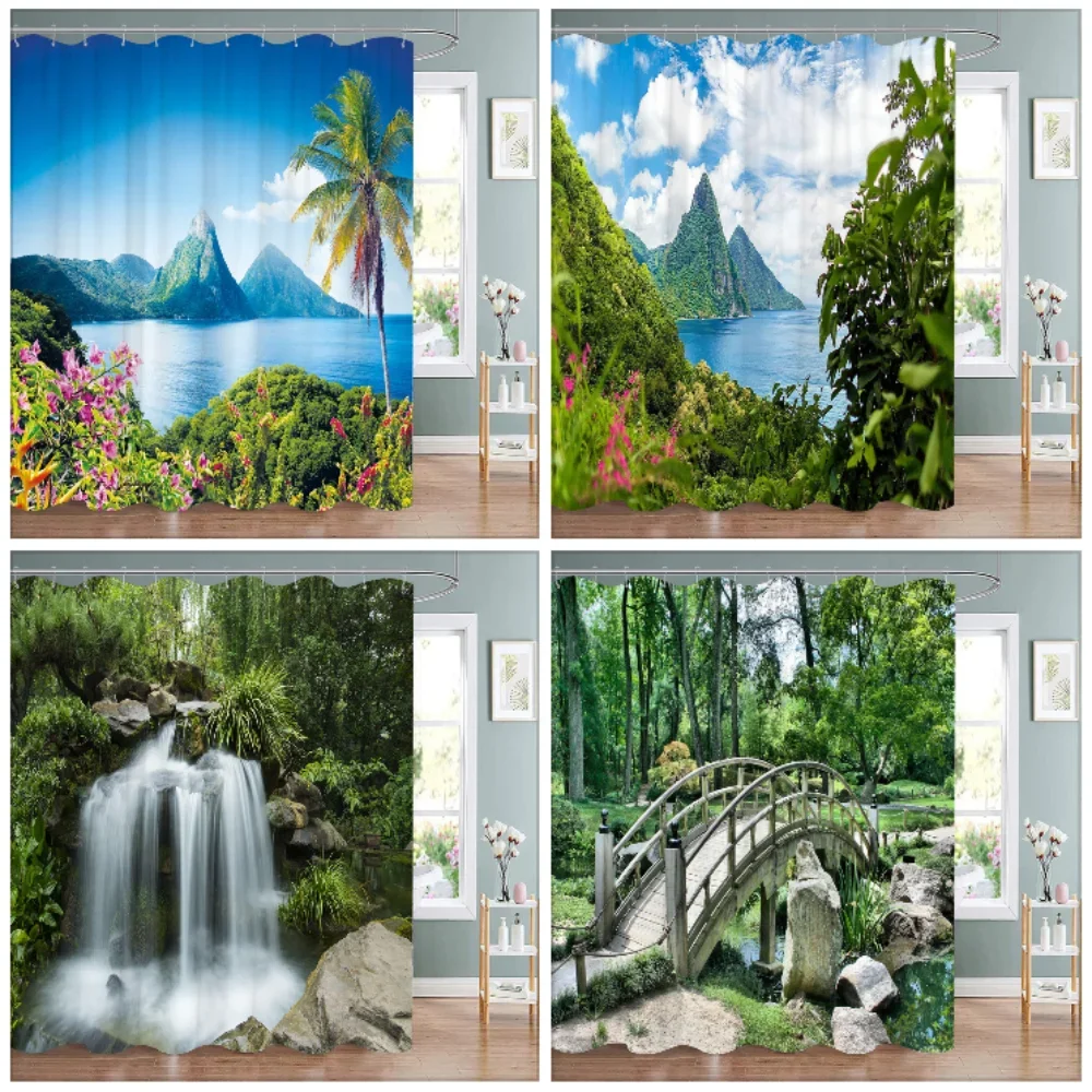 

Nature Scenery Shower Curtain Waterfall Forest Landscape Polyester Fabric Washable Shower Curtain Bathroom Decoration